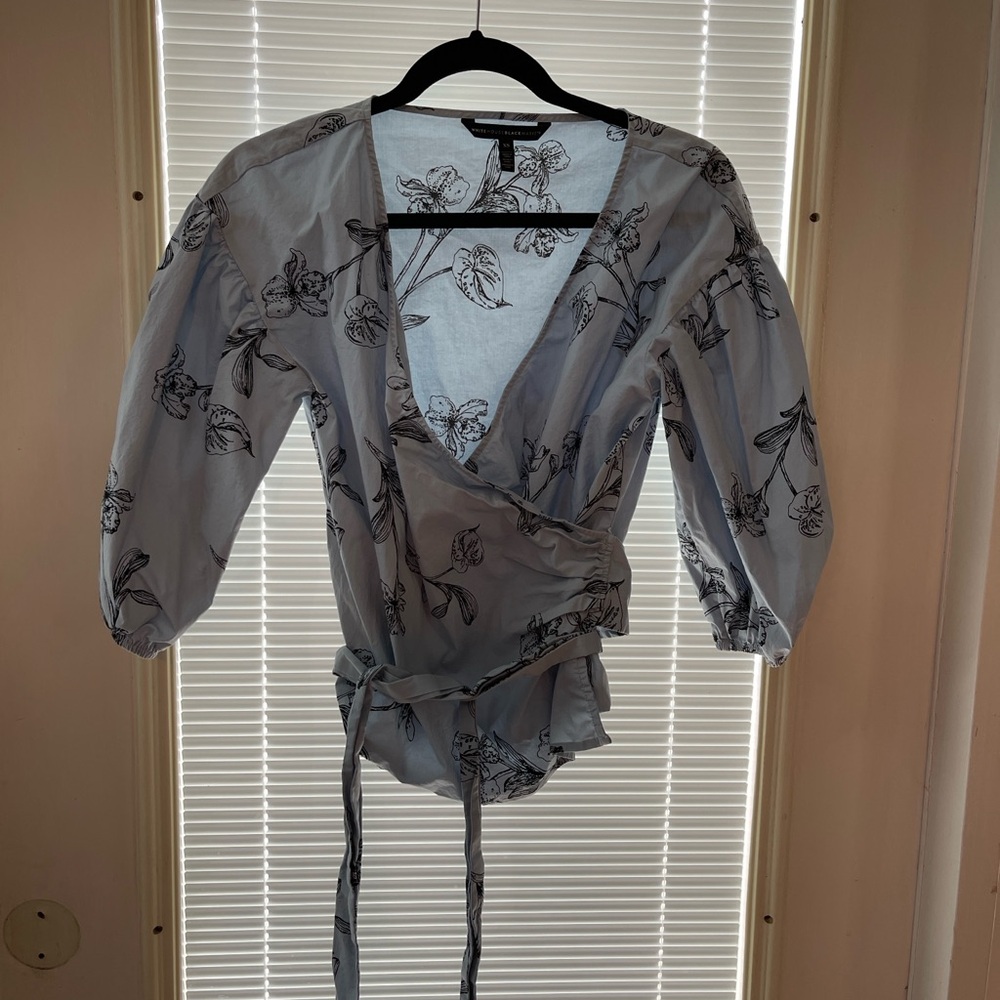 White House Black Market Blue Wrap Blouse with 3/4 Sleeves